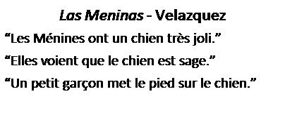 Zone de Texte: Las Meninas - Velazquez
�Les M�nines ont un chien tr�s joli.�
�Elles voient que le chien est sage.�
�Un petit gar�on met le pied sur le chien.�
