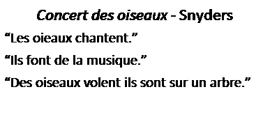 Zone de Texte: Concert des oiseaux - Snyders
�Les oieaux chantent.�
�Ils font de la musique.�
�Des oiseaux volent ils sont sur un arbre.�
