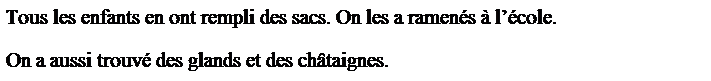 Zone de Texte: Tous les enfants en ont rempli des sacs. On les a ramen�s � l��cole.
On a aussi trouv� des glands et des ch�taignes.
