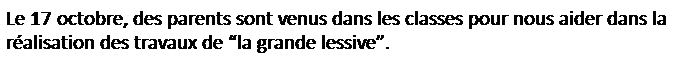 Zone de Texte: Le 17 octobre, des parents sont venus dans les classes pour nous aider dans la r�alisation des travaux de �la grande lessive�.
