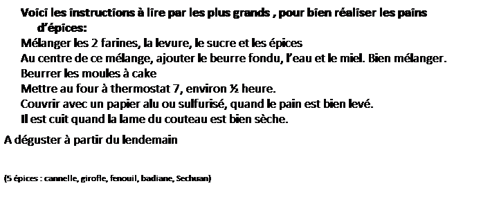 Zone de Texte: Voici les instructions � lire par les plus grands , pour bien r�aliser les pains d��pices:
M�langer les 2 farines, la levure, le sucre et les �pices
Au centre de ce m�lange, ajouter le beurre fondu, l�eau et le miel. Bien m�langer.
Beurrer les moules � cake
Mettre au four � thermostat 7, environ � heure.
Couvrir avec un papier alu ou sulfuris�, quand le pain est bien lev�.
Il est cuit quand la lame du couteau est bien s�che.
A d�guster � partir du lendemain
&nbsp;
(5 �pices : cannelle, girofle, fenouil, badiane, Sechuan)
&nbsp;
