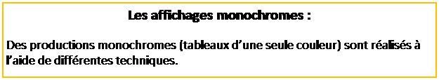 Zone de Texte: Les affichages monochromes :
Des productions monochromes (tableaux d�une seule couleur) sont r�alis�s � l�aide de diff�rentes techniques.
