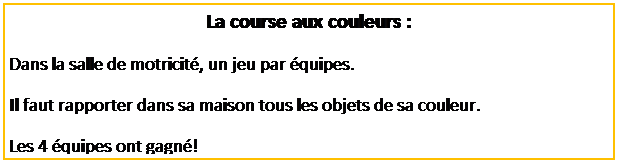 Zone de Texte: La course aux couleurs :
Dans la salle de motricit�, un jeu par �quipes.
Il faut rapporter dans sa maison tous les objets de sa couleur.
Les 4 �quipes ont gagn�!

